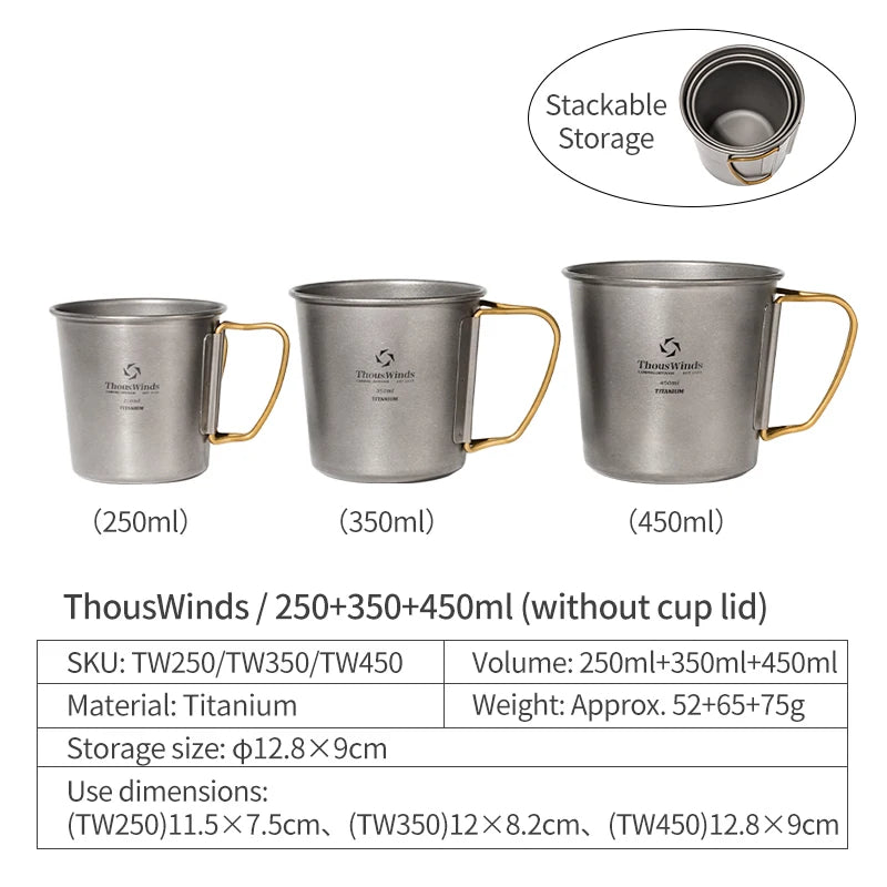 Three stackable titanium mugs with gold handles and ThousWinds branding, showing different capacities.