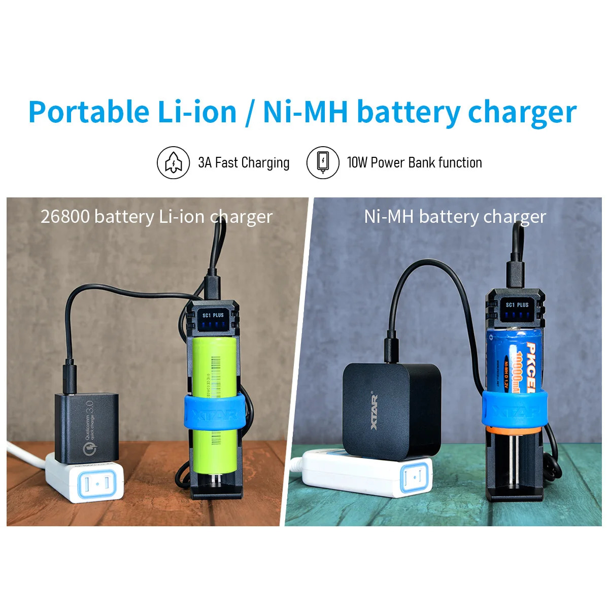 Portable Li-ion and Ni-MH battery chargers with charging cables on a white background.
