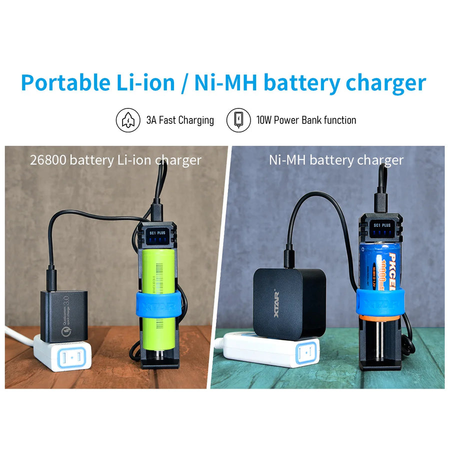 Portable Li-ion and Ni-MH battery chargers with charging cables on a white background.