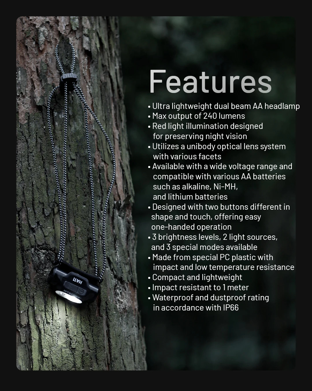 Headlamp attached to a tree with features listed on the right