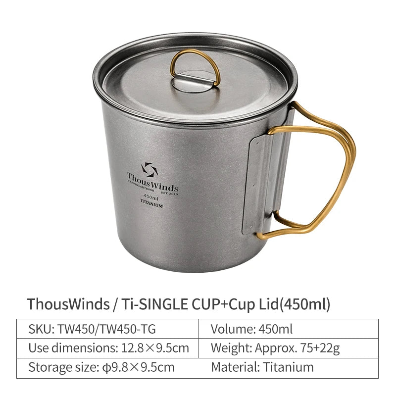 Titanium cup with gold handle and lid on a white background, featuring ThousWinds branding.
