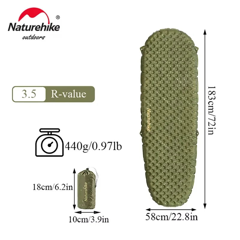 Green sleeping pad with Naturehike branding, showing dimensions, weight, and R-value on a white background.