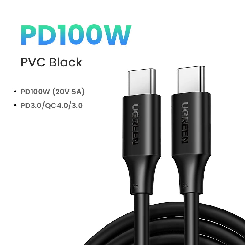 Black USB-C cable with UGREEN branding on a white background, featuring PD100W specifications.