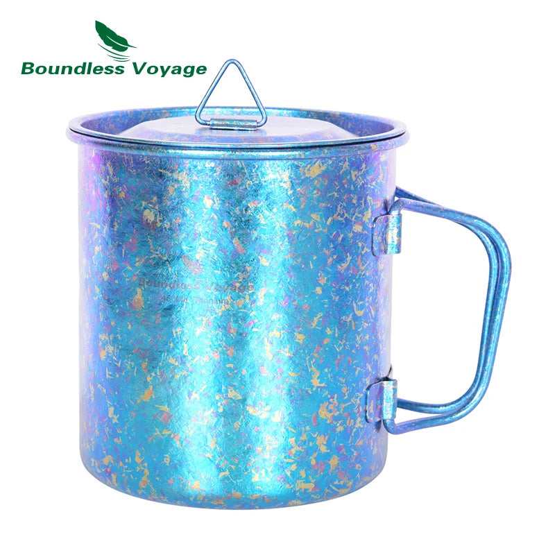 Blue iridescent mug with handle on a white background, featuring 'Boundless Voyage' brand.