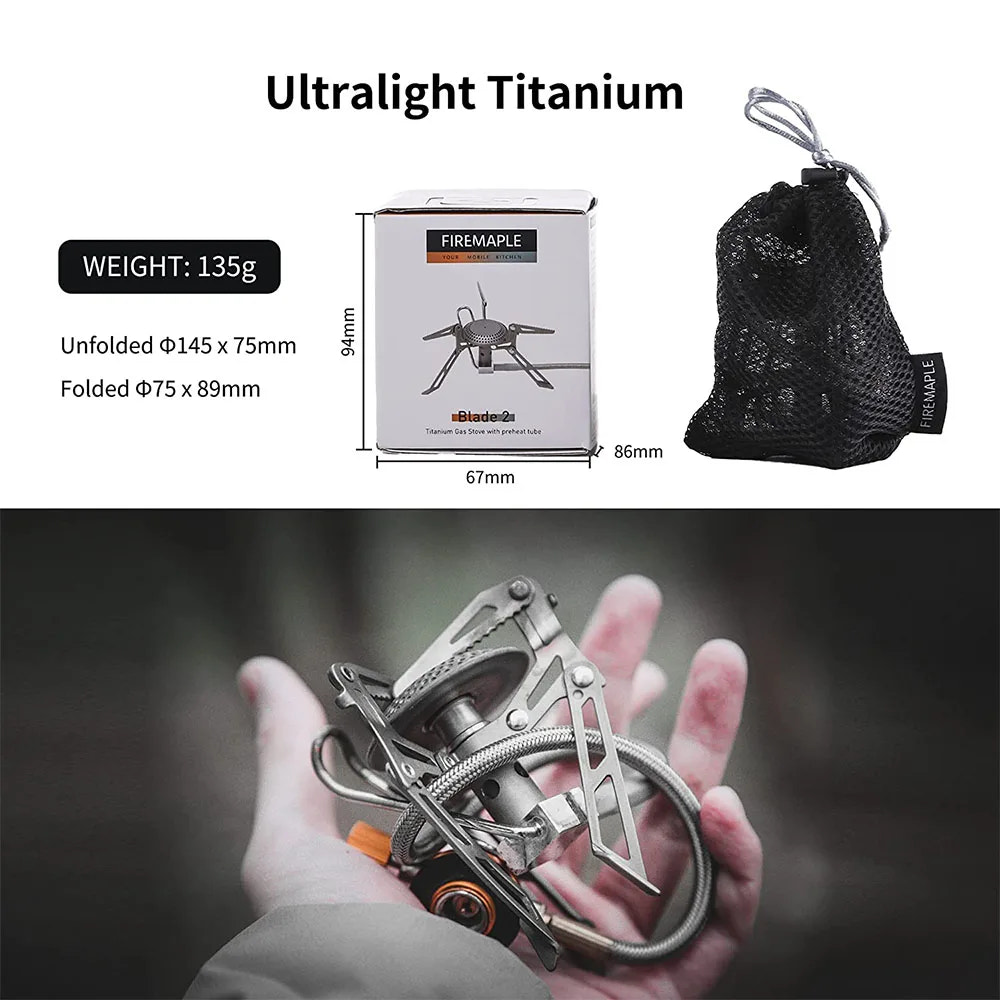 Ultralight titanium camping stove with packaging, weight information, and carrying pouch on a white background.