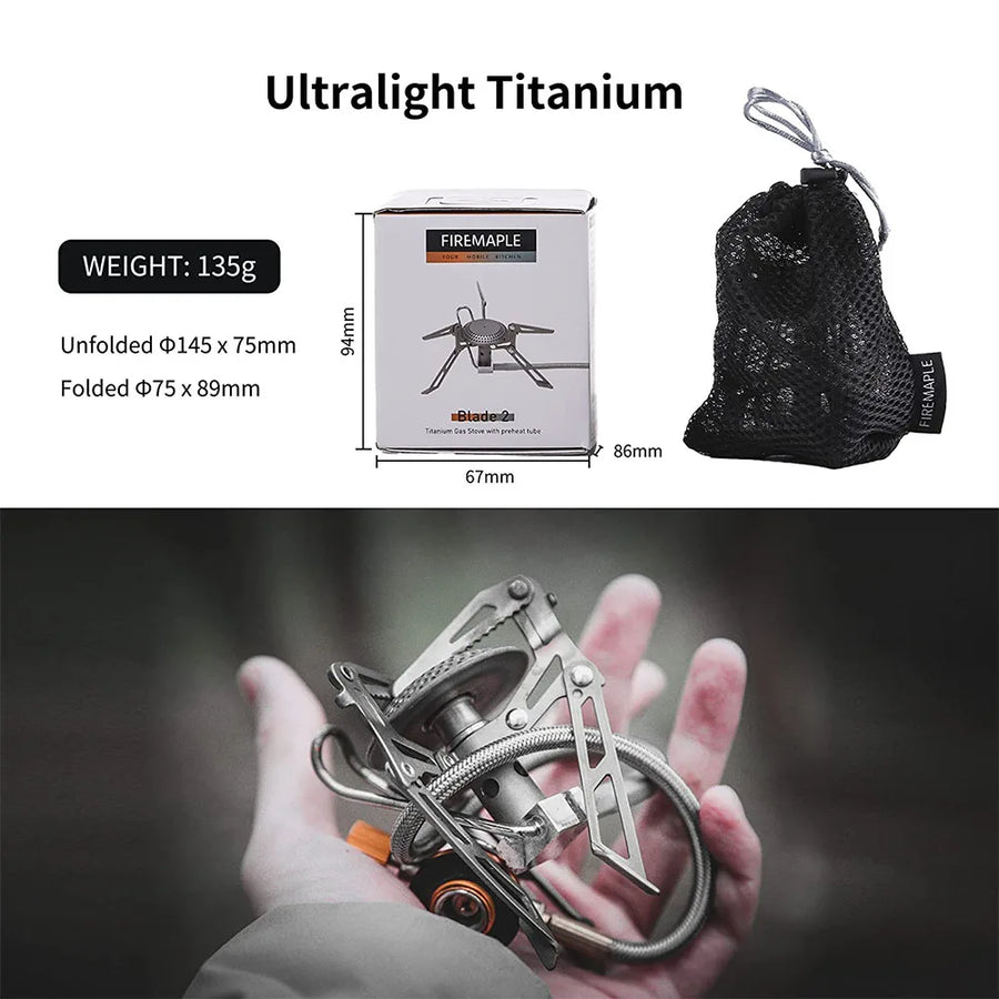 Ultralight titanium camping stove with packaging, weight information, and carrying pouch on a white background.