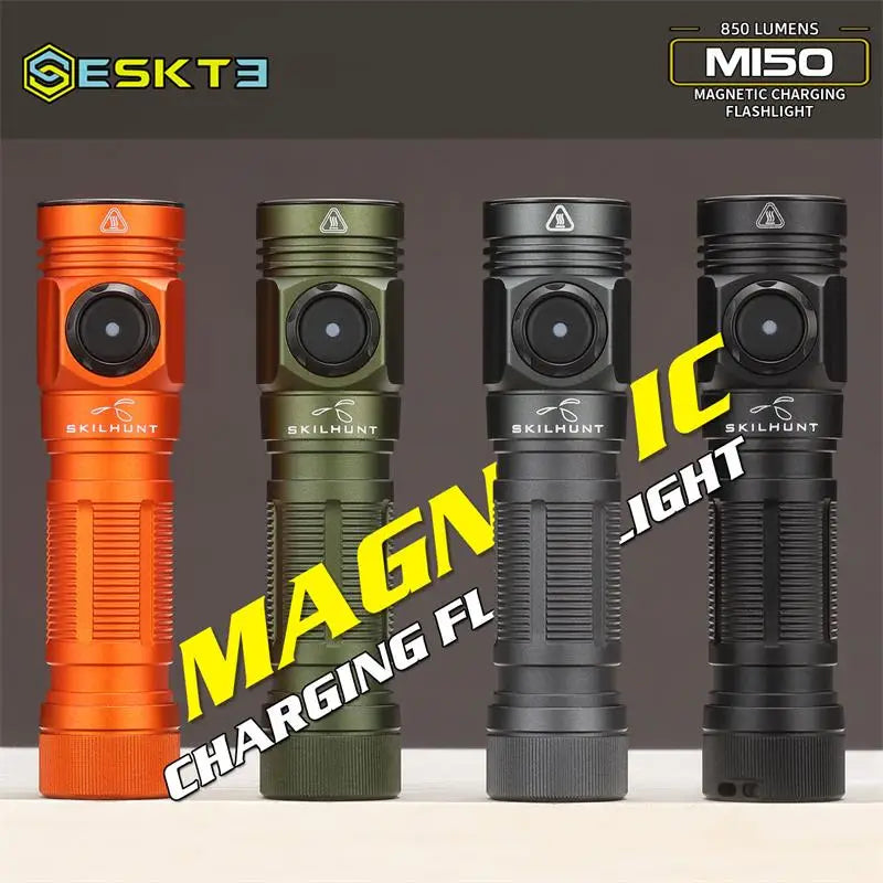 Four flashlights in orange, green, black, and gray with 'ESKTE' branding on a dark background.