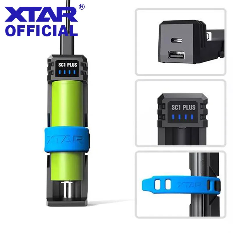XTAR electronic device with blue accents, USB adapter, and close-up details on a white background.