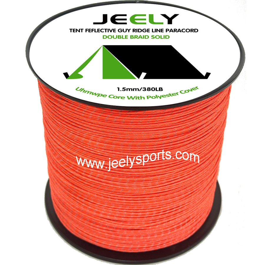 Spool of red paracord with Jeely branding on a white background