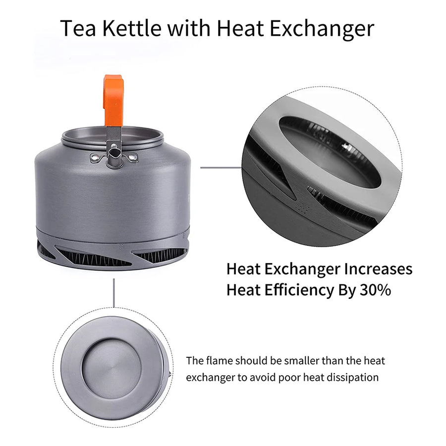 Tea kettle with heat exchanger design and efficiency benefits on a white background