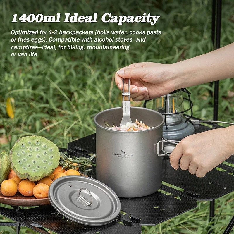 Camping pot with a person using it outdoors, surrounded by nature.