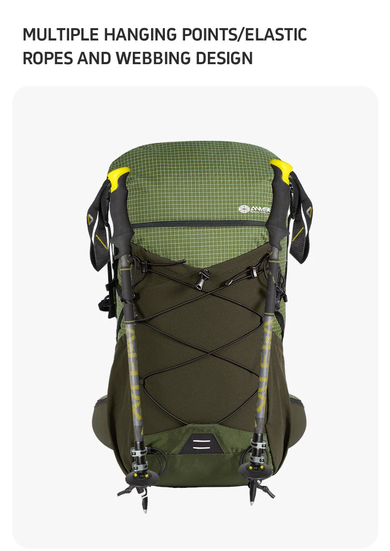 Green hiking backpack with multiple hanging points and elastic ropes on a white background