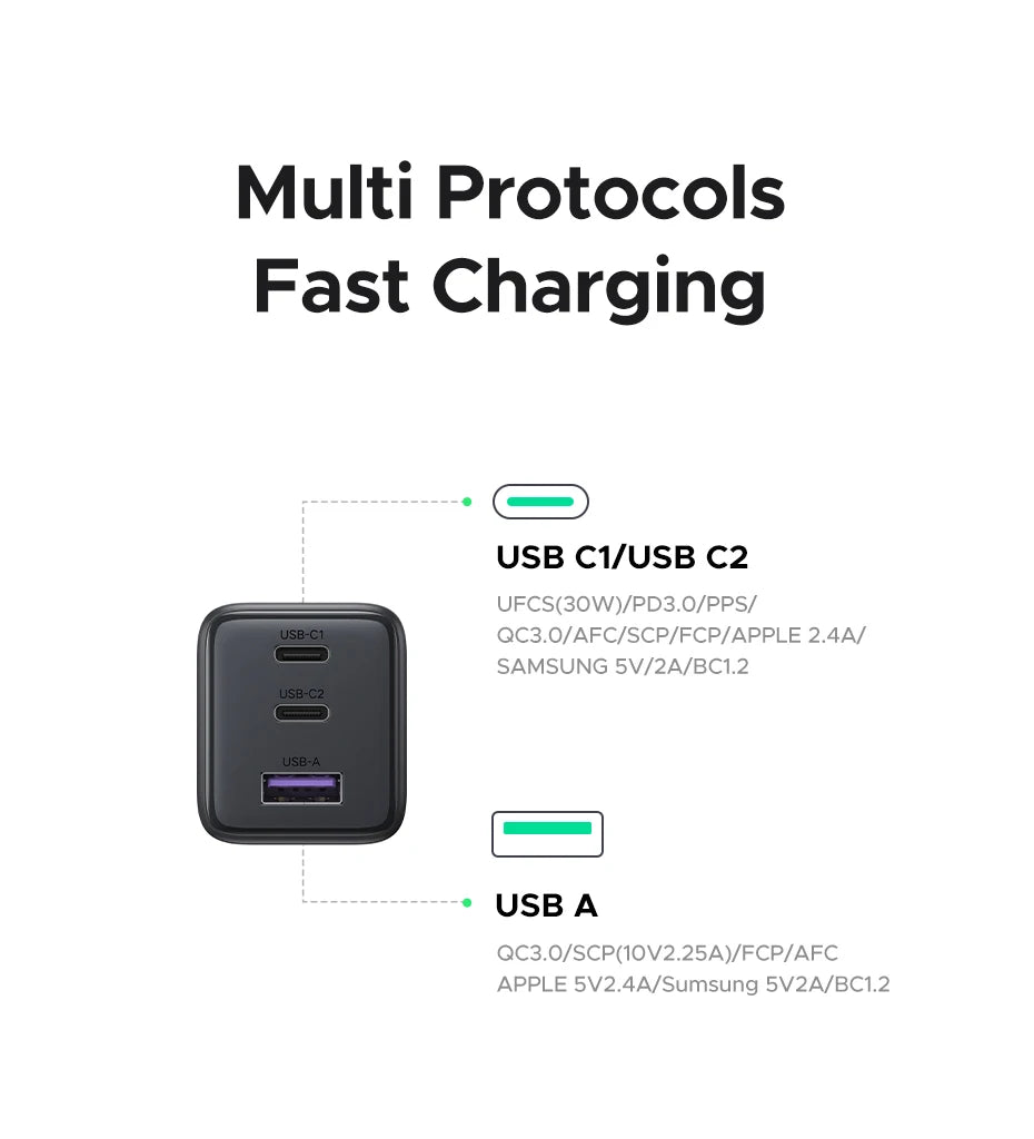 Black multi-socket charging station with USB ports on a white background