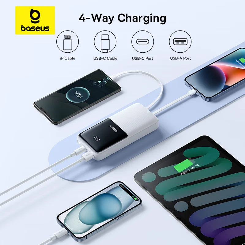 Baseus 4-way charging power bank with multiple devices on a light gray background