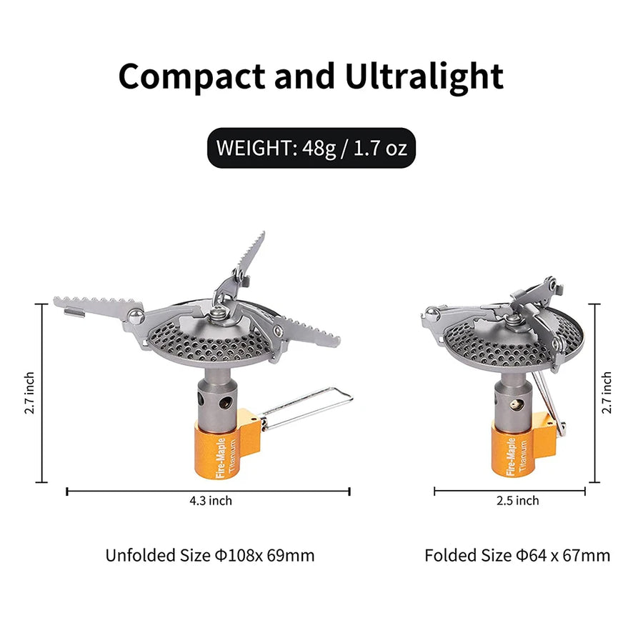 Compact and ultralight camping stove with unfolded and folded dimensions on a white background