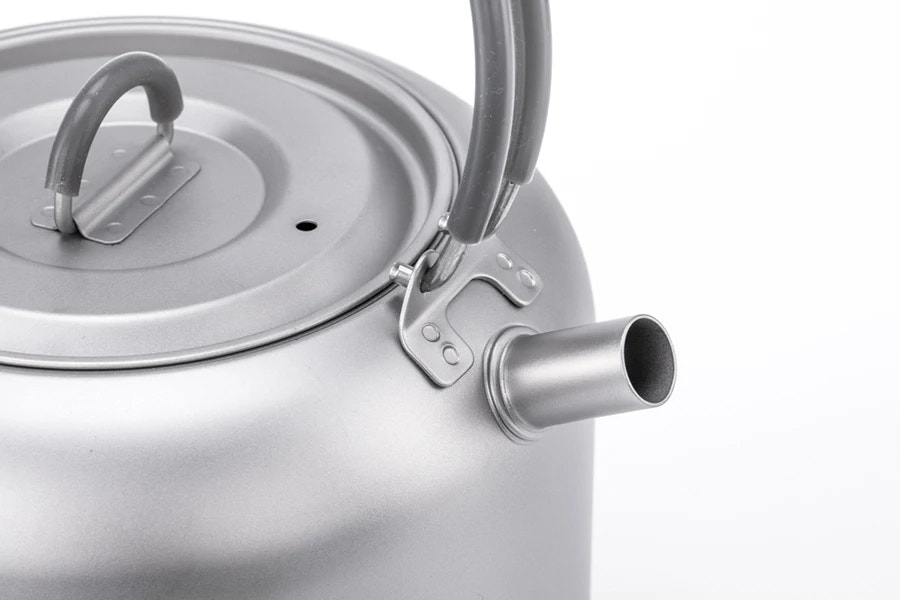 Close-up of a metal kettle with a white background