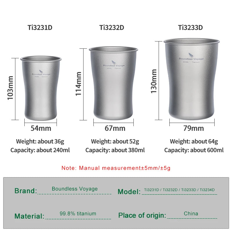 Three titanium cups with dimensions and specifications on a white background