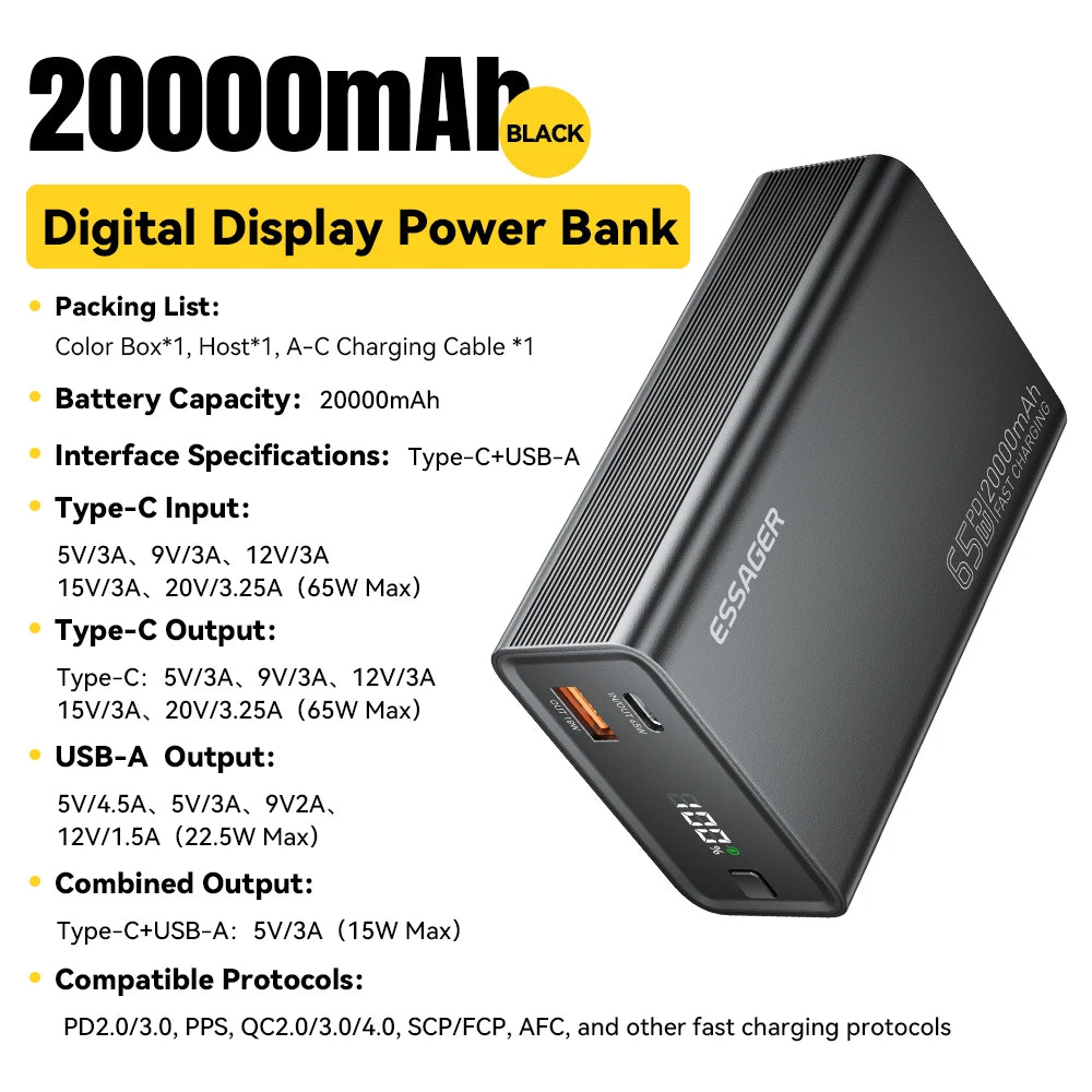 Black digital display power bank with specifications on a white background