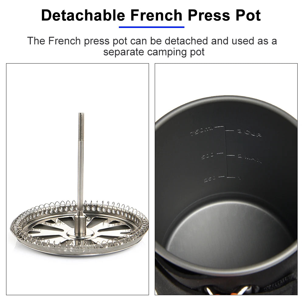 Detachable French press pot with a metal plunger and black container on a white background.