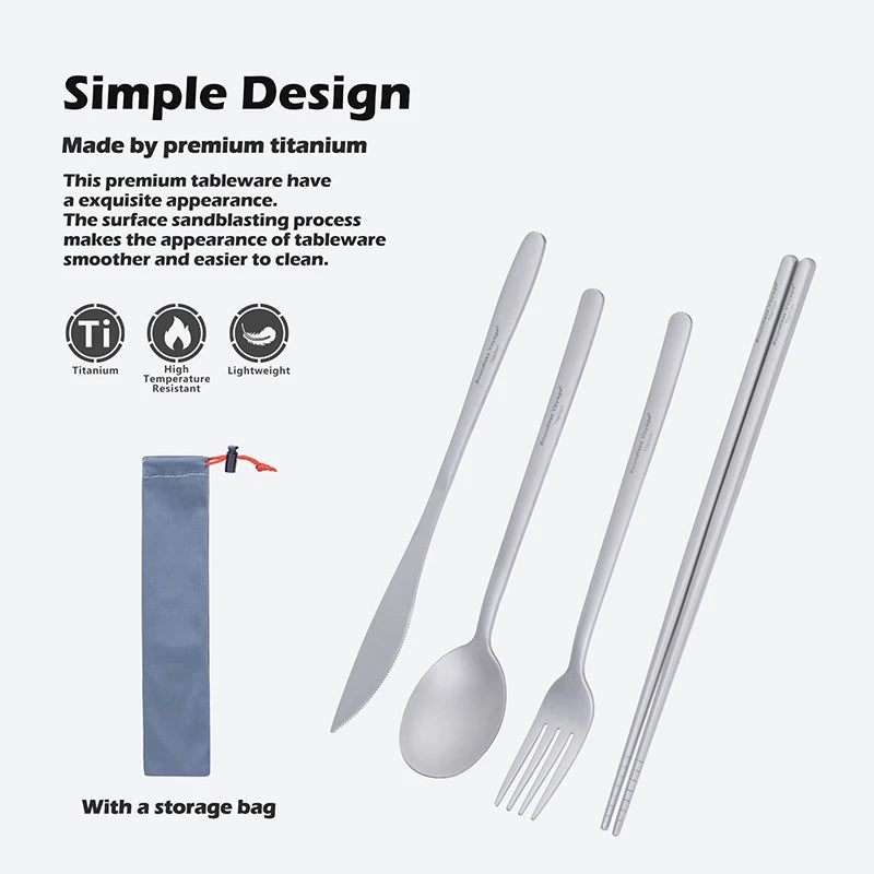 Titanium tableware set with knife, spoon, fork, and chopsticks on a white background.