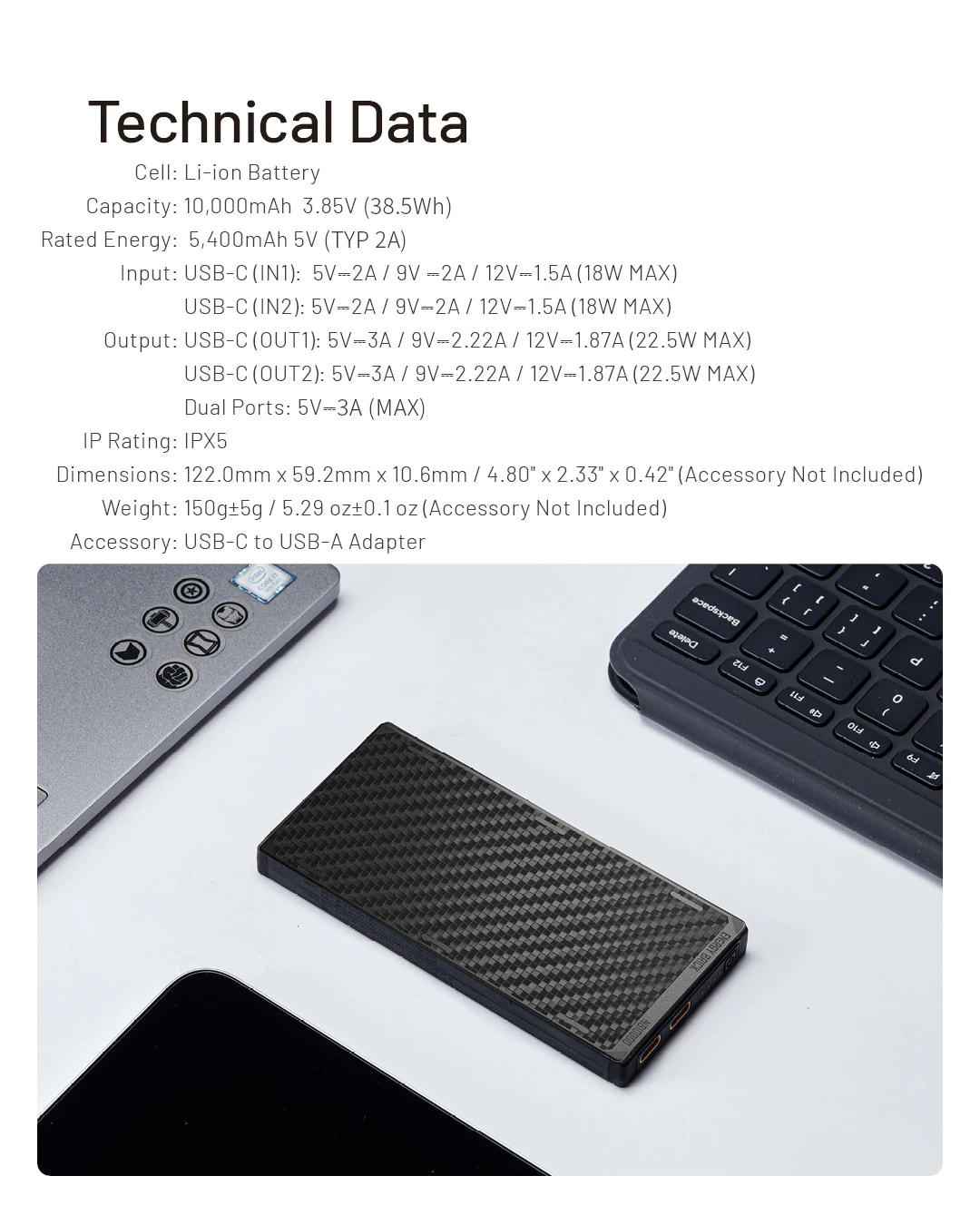 Technical data of a power bank with a carbon fiber texture on a white background