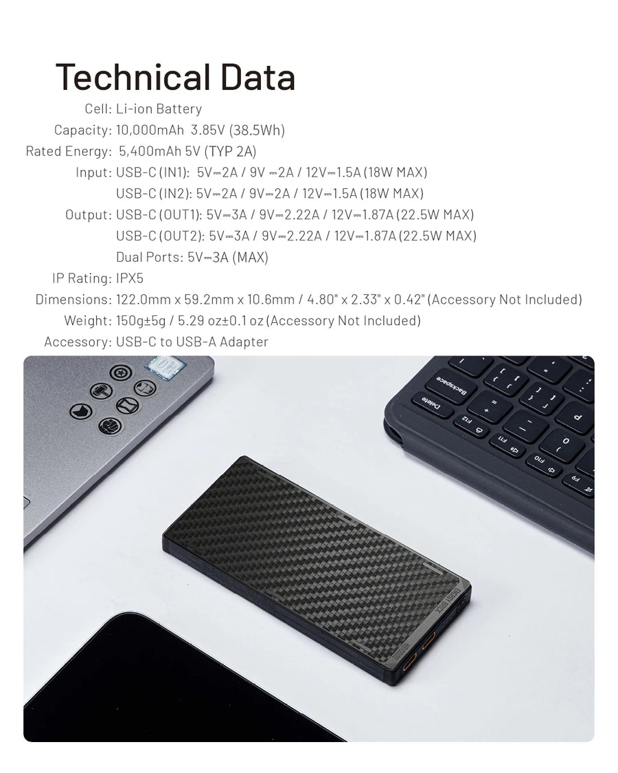 Technical data of a power bank with a carbon fiber texture on a white background