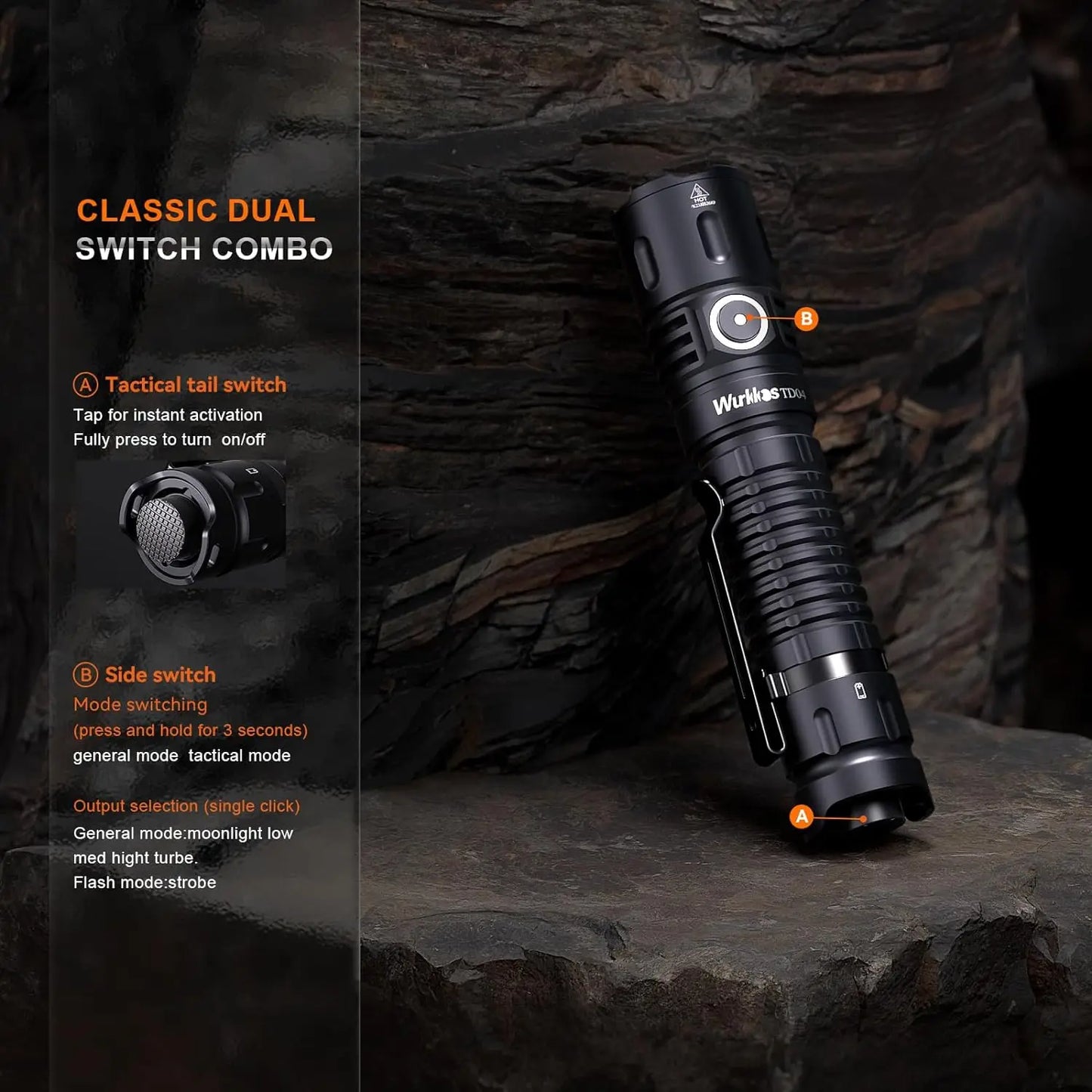 Black tactical flashlight with switch explanations on a dark stone background