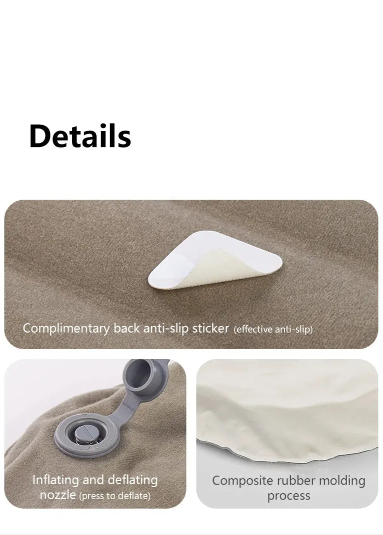 Product details with text and images of a back anti-slip sticker, inflating and deflating nozzle, and composite rubber molding.