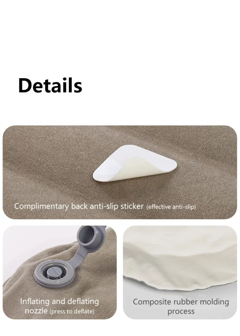 Product details with text and images of a back anti-slip sticker, inflating and deflating nozzle, and composite rubber molding.