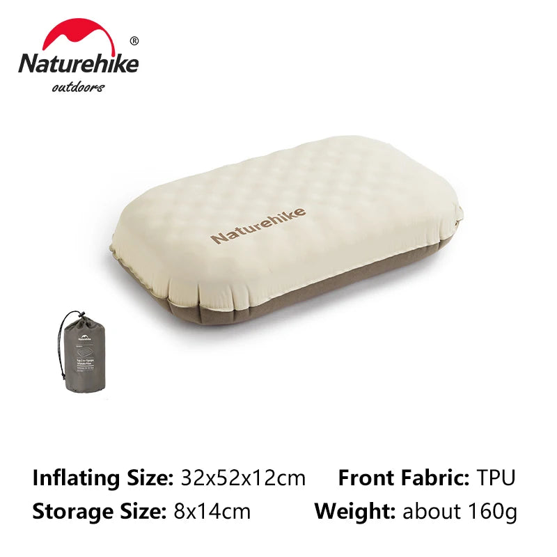 Inflatable pillow with Naturehike branding and product details on a white background