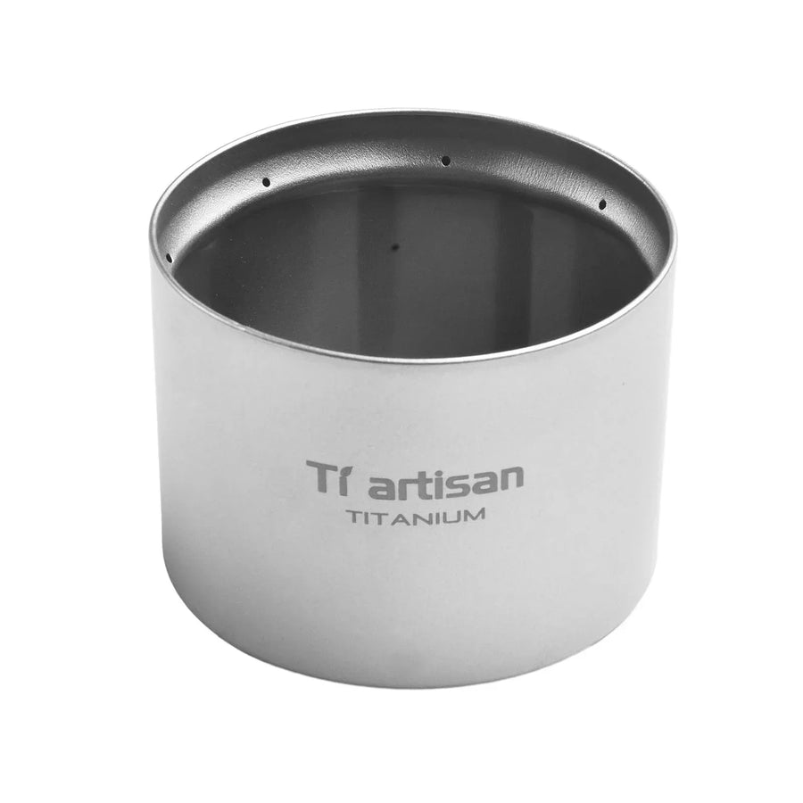 Titanium alcohol stove with 'Ti artisan' branding on a white background