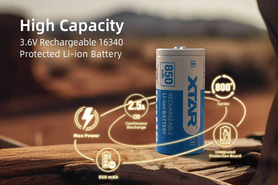 Xtar rechargeable Li-ion battery with features highlighted on a wooden surface