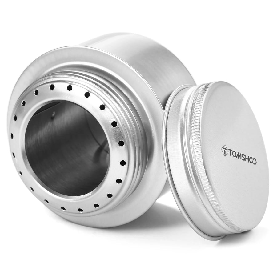 Silver metal container with lid on a white background, featuring the brand 'TOMSHOO'.