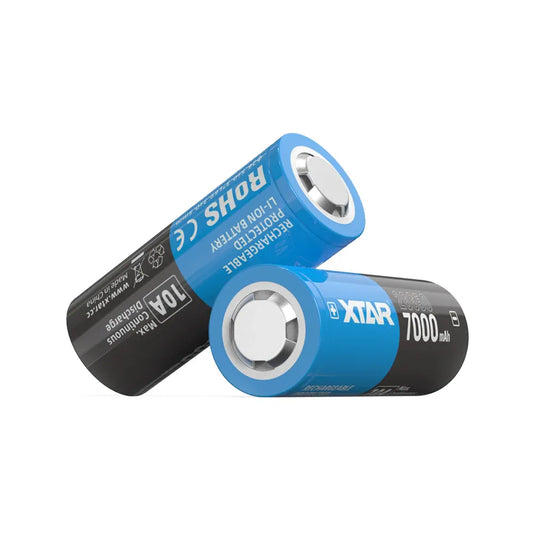 Two blue and black batteries with 'XTAR' branding on a white background