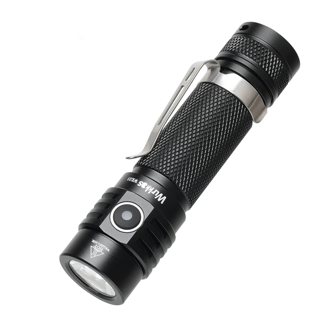 Black flashlight with visible brand name on a white background