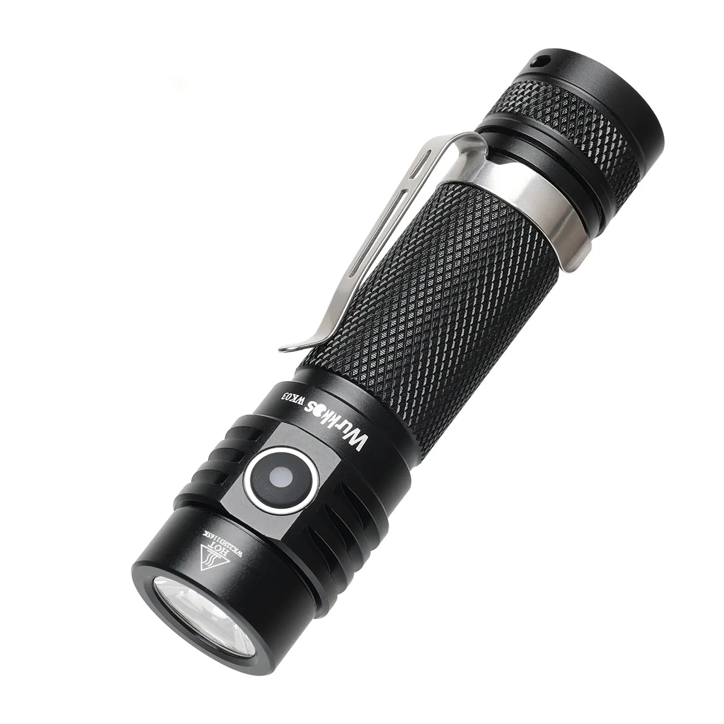 Black flashlight with visible brand name on a white background