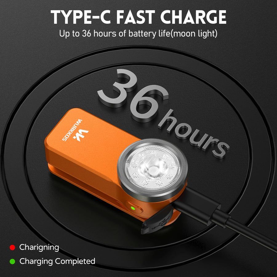 Orange flashlight with charging cable on a black background, displaying '36 hours' of battery life.