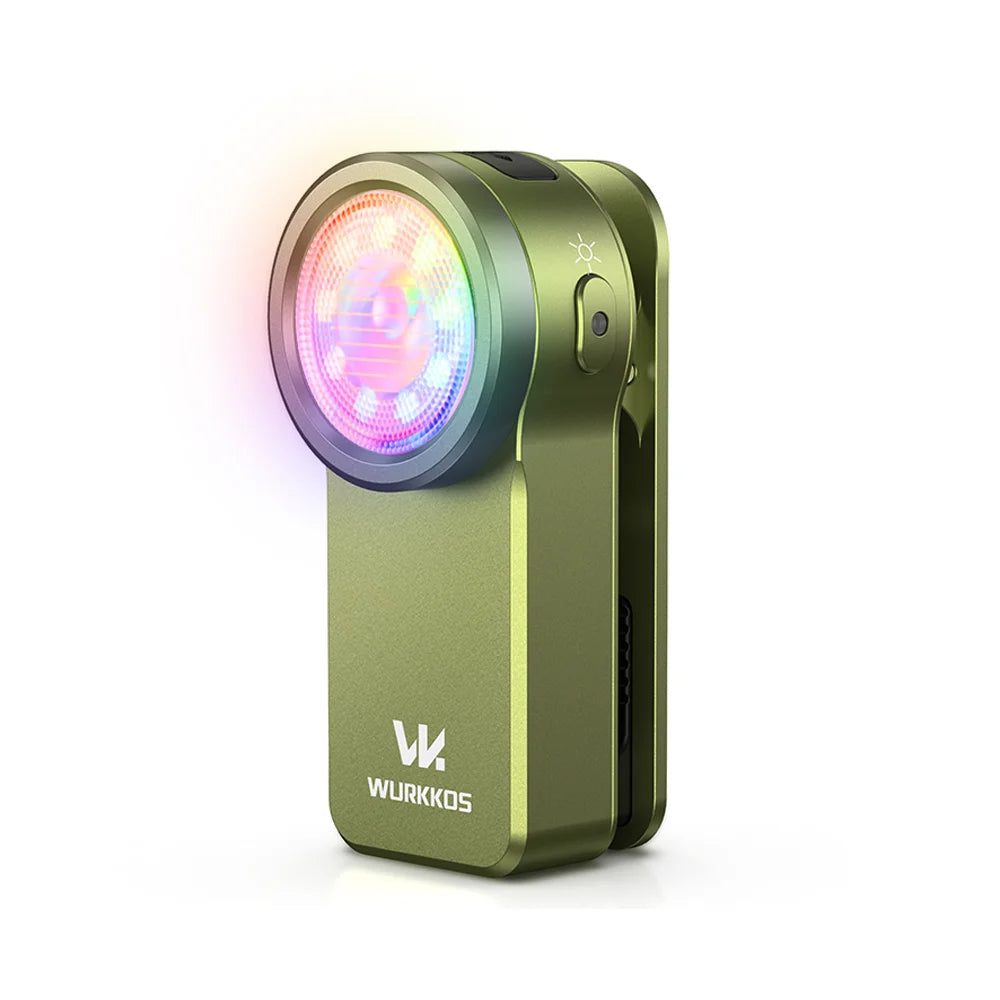 Green portable device with colorful lens on a white background, branded Wurkkos.