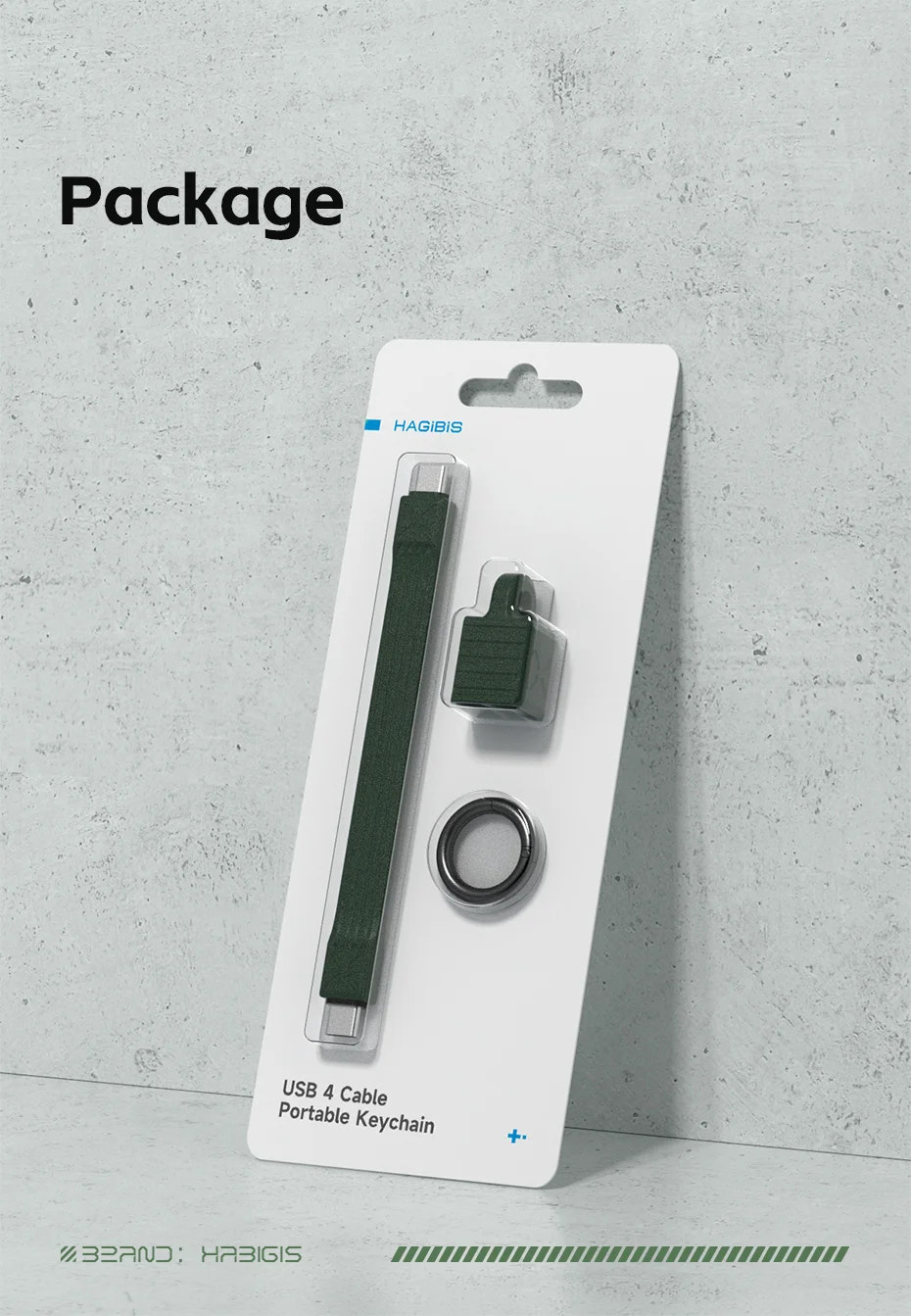 Packaging of USB 4 Cable and Portable Keychain on a gray concrete background
