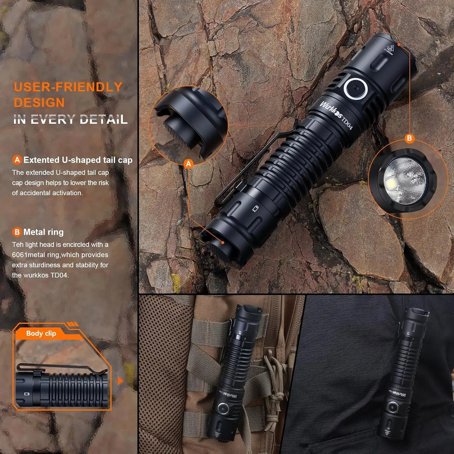 Black flashlight with features highlighted on a stone background