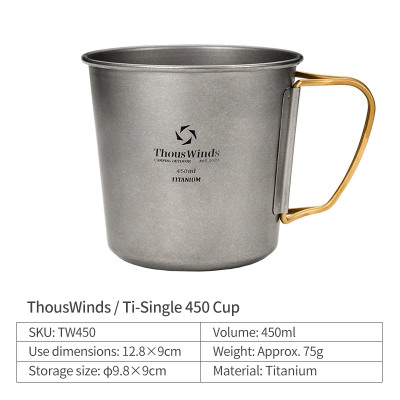 Titanium mug with gold handle on a white background, featuring ThousWinds branding.