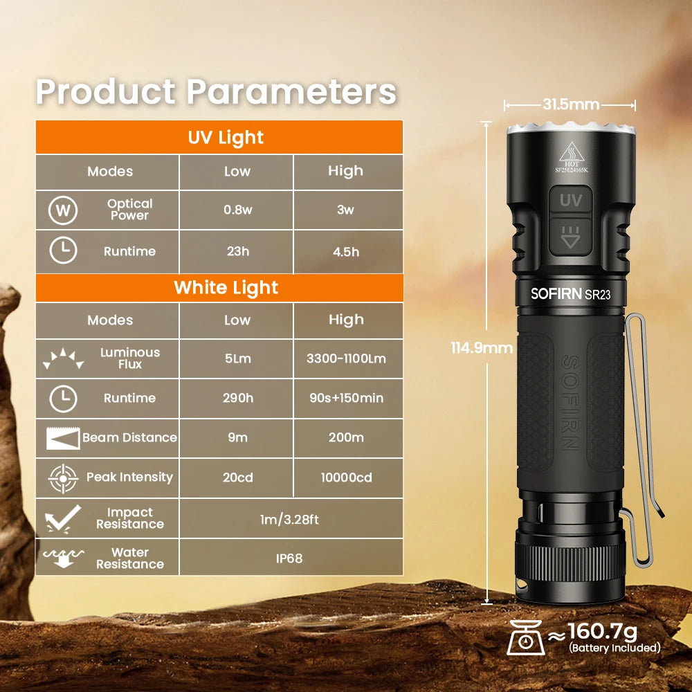 Black flashlight with UV and white light features, product parameters table on a wooden background