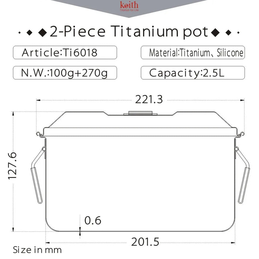 2-piece titanium pot with dimensions and specifications on a white background