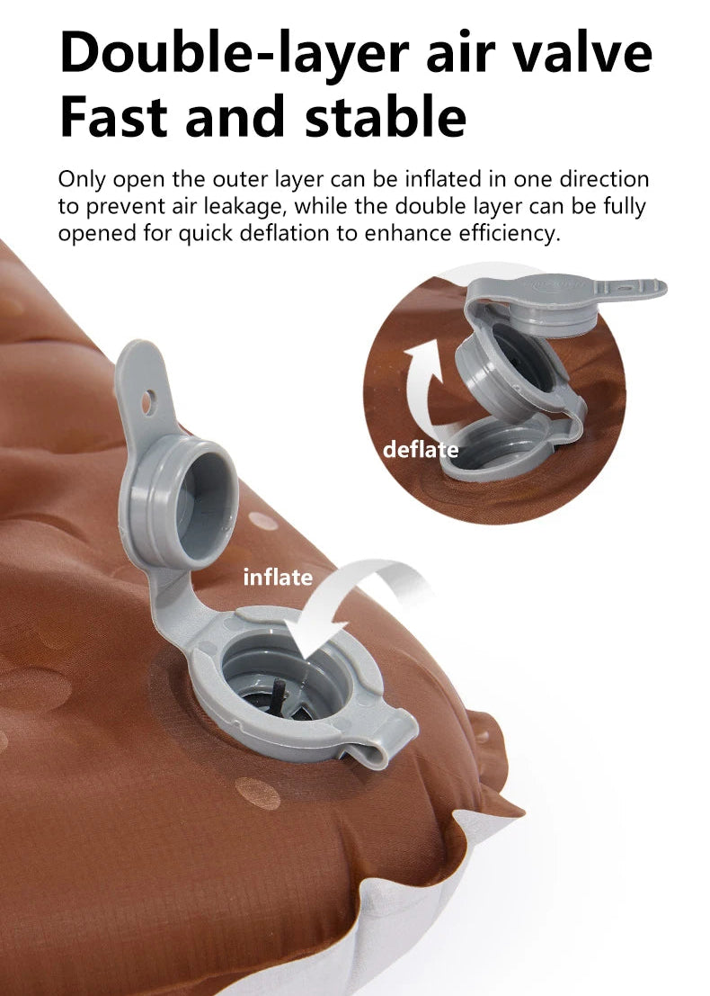 Double-layer air valve system with text explaining its functionality on an inflatable object.