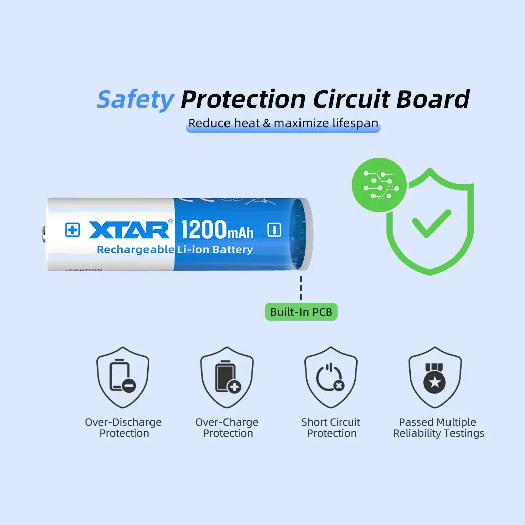 XTAR rechargeable Li-ion battery with safety protection circuit board features on a light blue background
