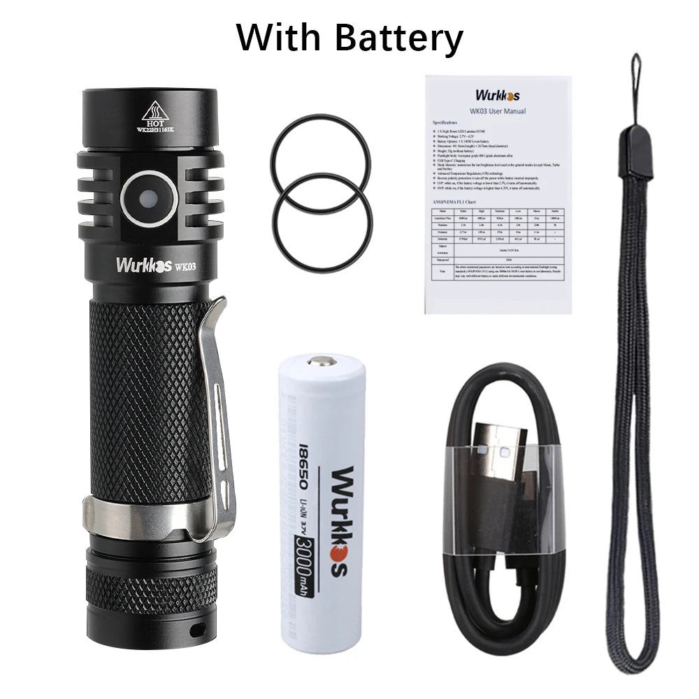 Wurkkos flashlight set with battery, USB cable, and lanyard on a white background