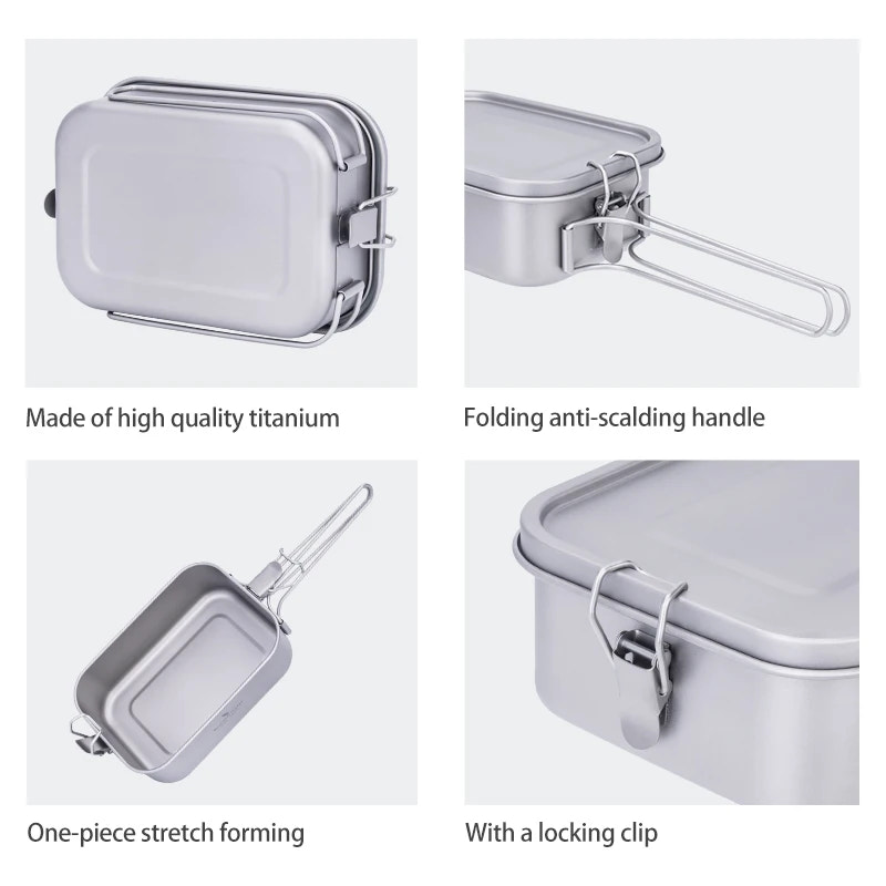Collage of a titanium cooking pan with features highlighted on a white background
