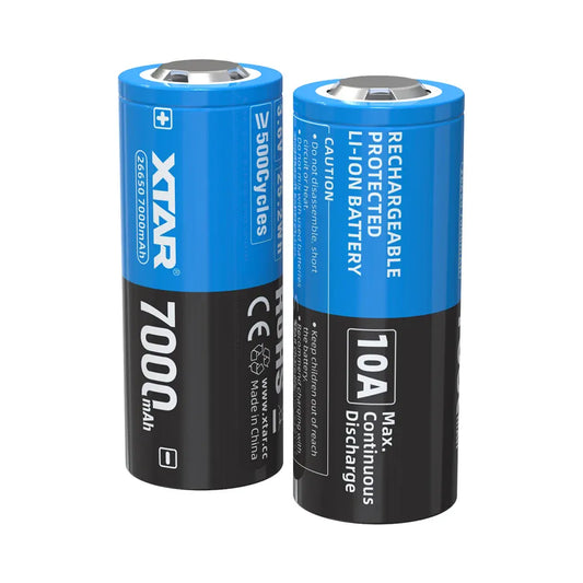 Two blue and black rechargeable batteries with XTAR branding on a white background
