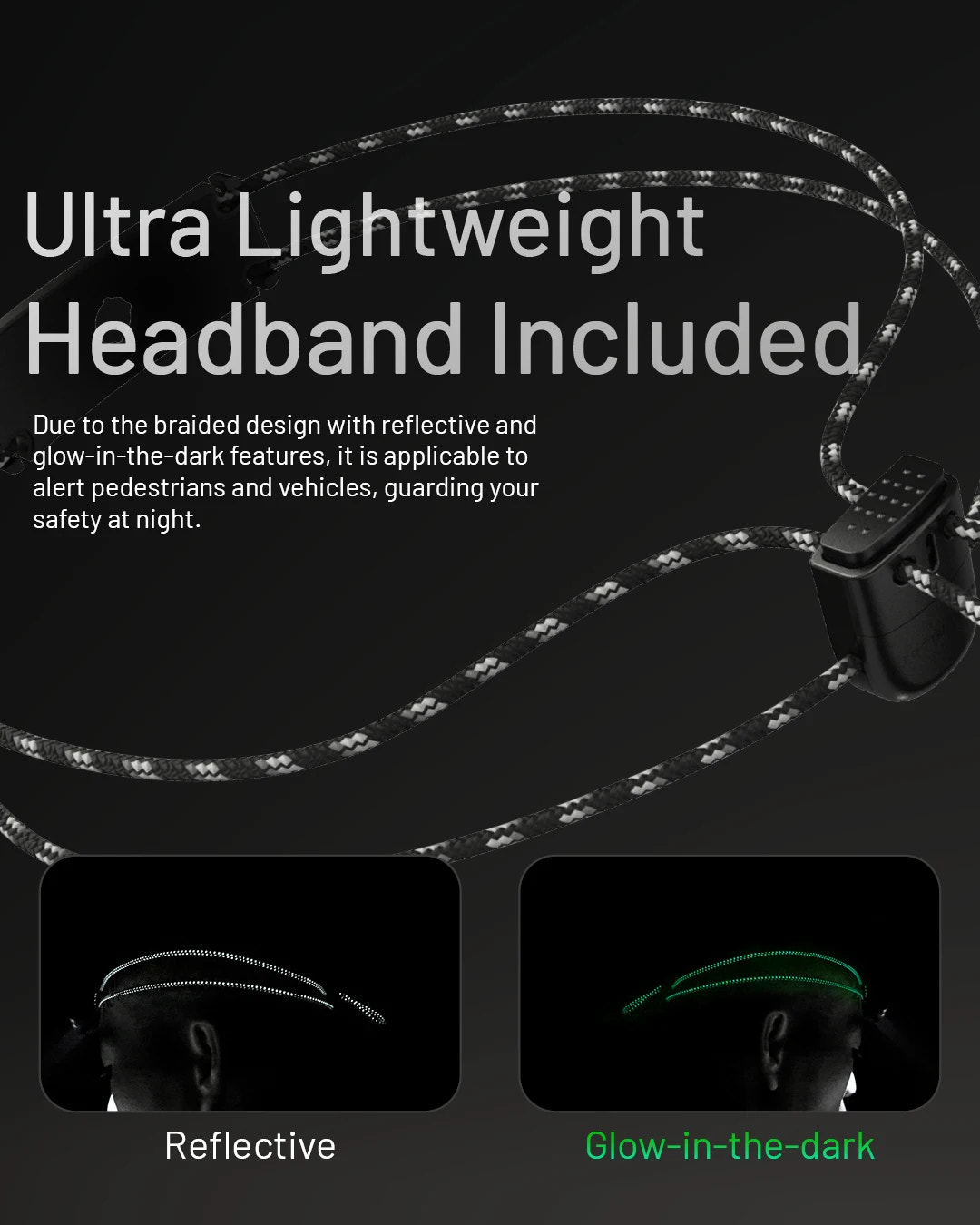 Ultra lightweight headband with reflective and glow-in-the-dark features on a black background.