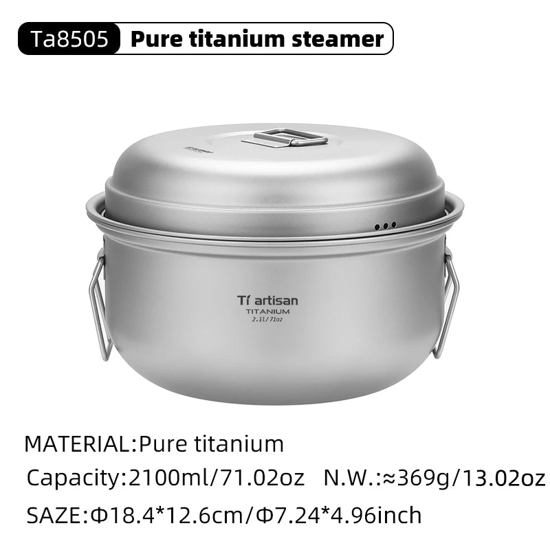 Pure titanium steamer with lid on a white background